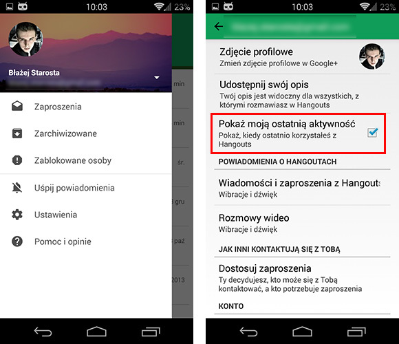 Hangouty - ukrywanie aktywności na Androidzie