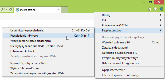 Uruchamianie przeglądania InPrivate w Internet Explorer