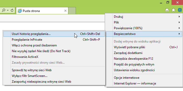 Usuwanie historii przeglądania w IE