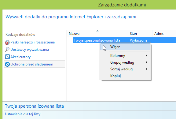 Zarządzanie dodatkami w IE - listy blokowania śledzenia