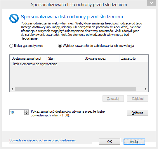 Ustawienia spersonalizowanej listy ochrony przed śledzeniem