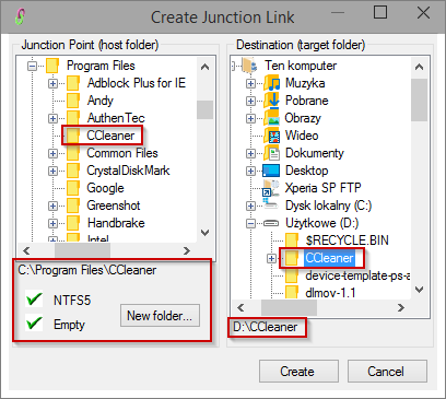 Tworzenie powiązania między folderami w Junction Magic Link