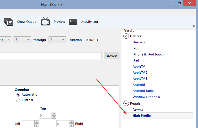 Handbrake - aktywacja profilu ustawień