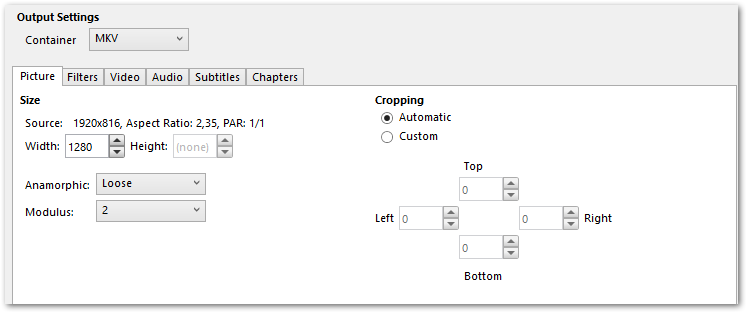 Ustawienia wyjściowe pliku MKV w Handbrake