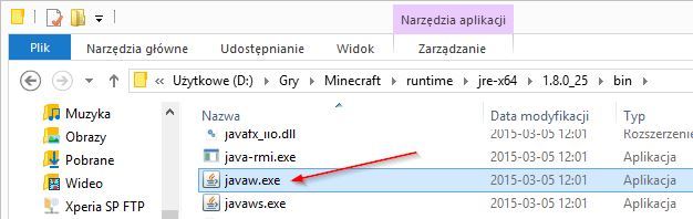 Plik javaw.exe w folderze z Minecraftem