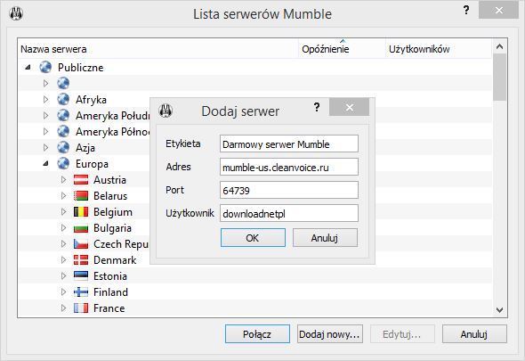 Dodawanie serwera Mumble