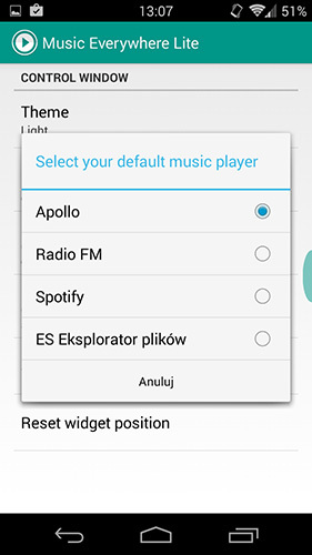 Music Everywhere Lite - wybór odtwarzacza