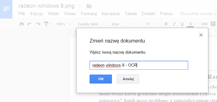 Zmiana nazwy dokumentu w Dokumentach Google