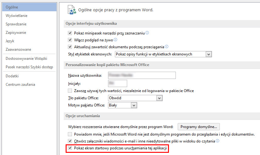 Office 2013 - wyłączanie ekranu startowego