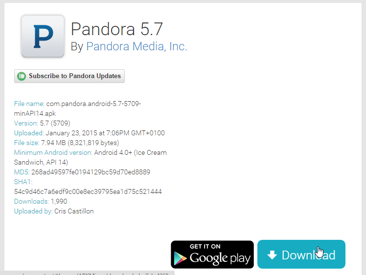 Pandora - pobieranie aplikacji z APK Mirror