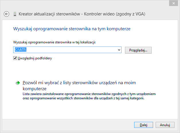 Wybór katalogu, w którym umieszczone są sterowniki