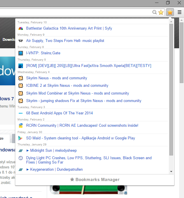 Lista ostatnio dodanych zakładek w Chrome