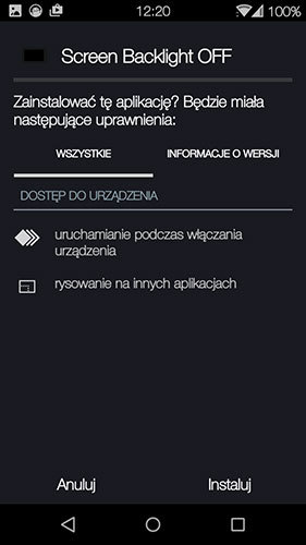 Instalacja aplikacji Screen Backlight OFF