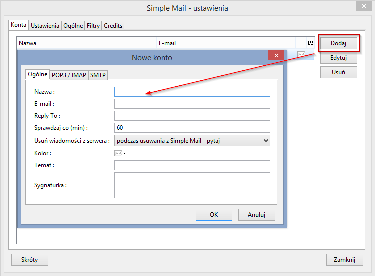 Dodawanie nowego konta pocztowego w Simple Mail