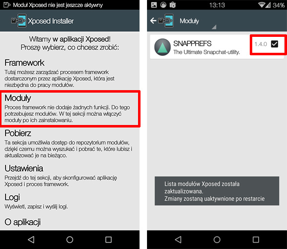 Aktywacja modułu Snapprefs