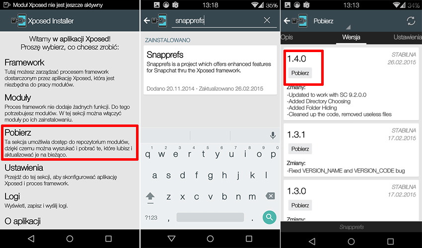 Pobieranie Snapprefs z Xposed