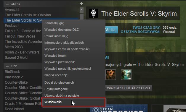 Przejście do właściwości gier na Steam