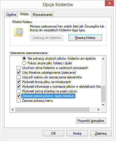 Wyłączanie wyświetlania miniatur w Eksploratorze plików