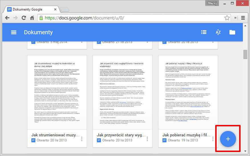 Główny interfejs dokumentów Google