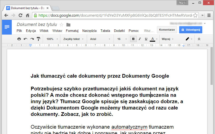 Wklejanie tekstu do Dokumentów Google