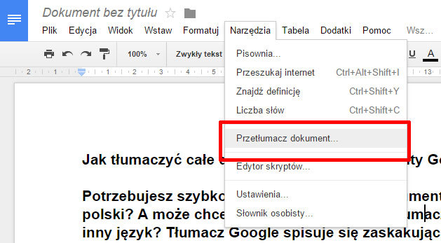 Opcja tłumaczenia dokumentu