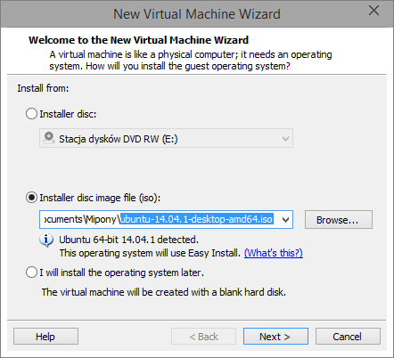 Wskazanie pliku ISO z instalatorem Ubuntu w VMware