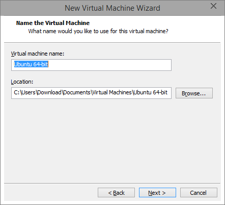 Wybranie nazwy i lokalizacji maszyny wirtualnej w VMware