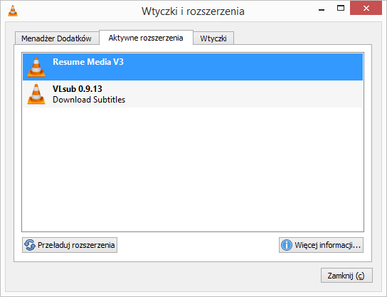 Aktywne rozszerzenia w VLC