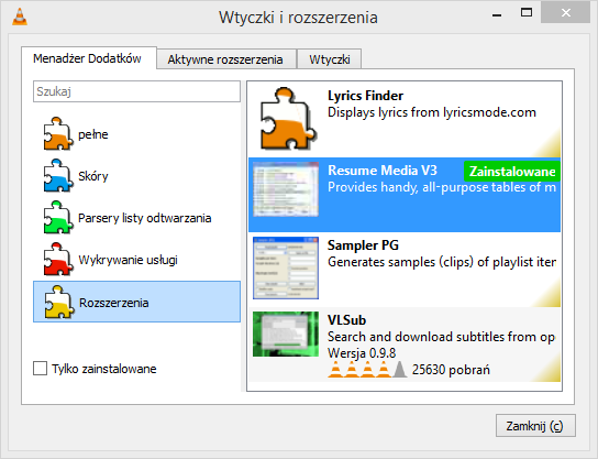 Instalowanie wtyczek i rozszerzeń do VLC