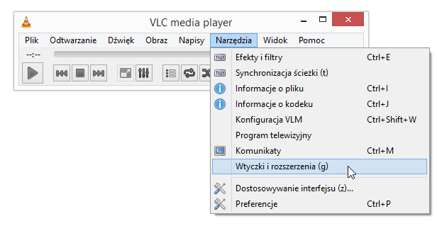 Menu narzędzi w programie VLC