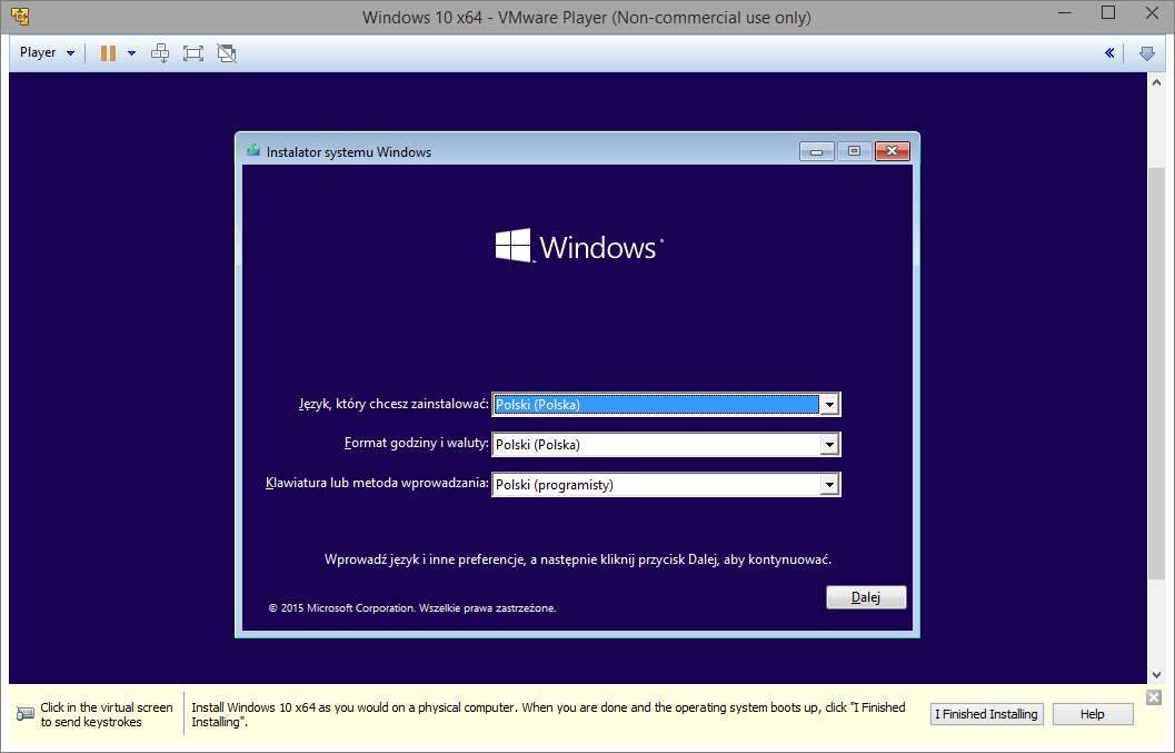 Rozpoczęcie instalacji Windowsa 10 w VMWare