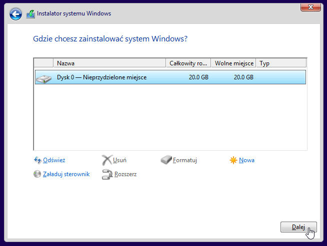 Wybór dysku do instalacji Windowsa 10 na wirtualnej maszynie