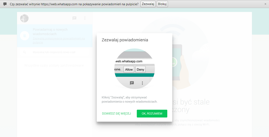 Zezwolenie na powiadomienia z Whatsapp Web