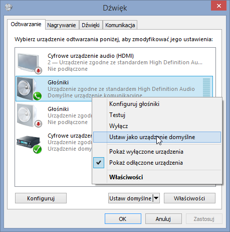 Wybieranie urządzenia domyślnego w Windows