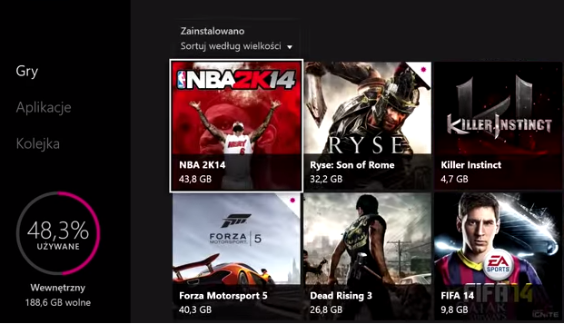 Xbox One - ekran zarządzania grami