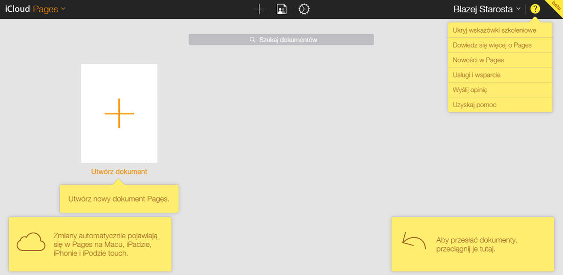 iCloud Pages - ekran startowy