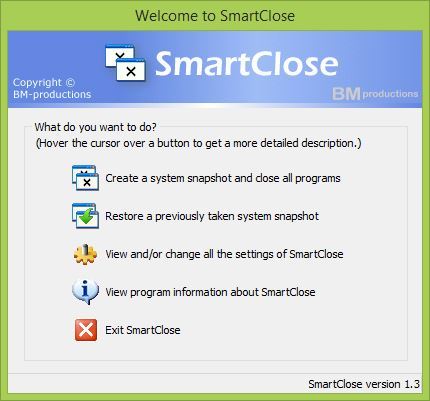 SmartClose - główne okno programu