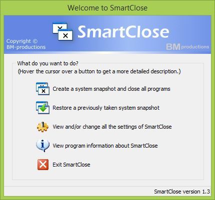 SmartClose - główne okno programu