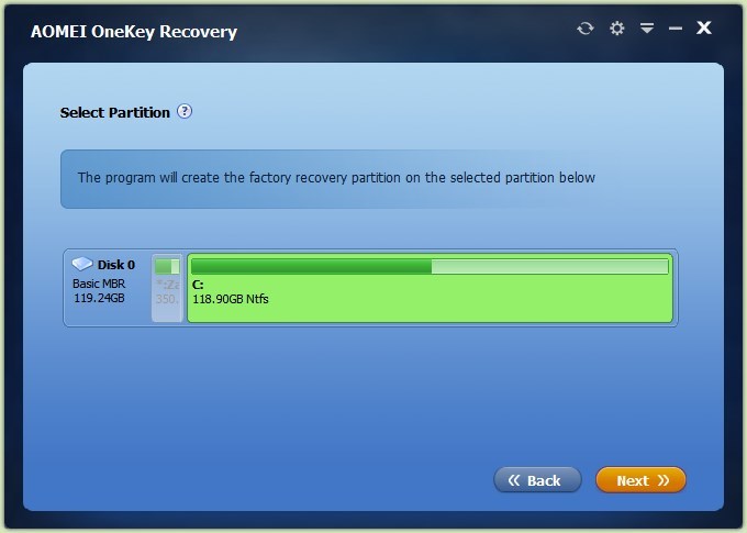 AOMEI OneKey Recovery - wybór partycji