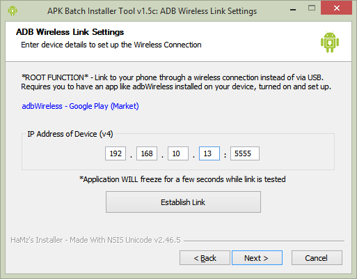 APK Batch Installer Tool - nawiązywanie połączenia Wi-Fi
