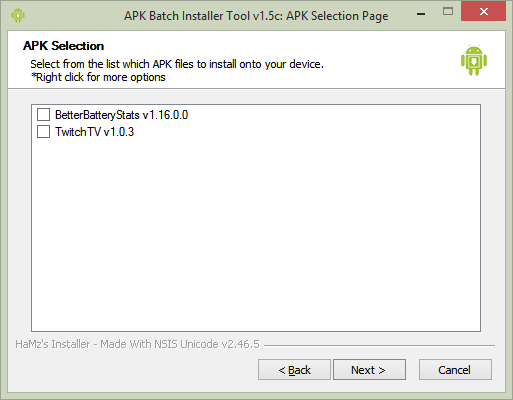 APK Batch Installer Tool - wybór aplikacji do zainstalowania
