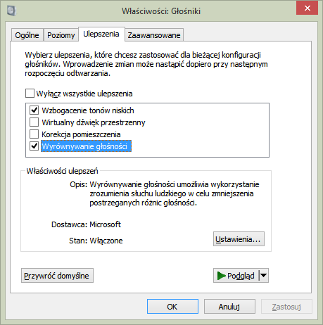 Ustawienia ulepszeń dźwięku w Windows 8