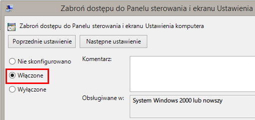 Włączenie blokady Panelu sterowania w Edytorze lokalnych zasad grupy