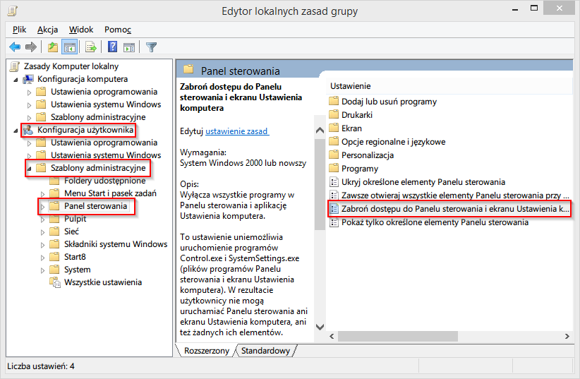 Edytor lokalnych zasad grupy - blokada Panelu sterowania