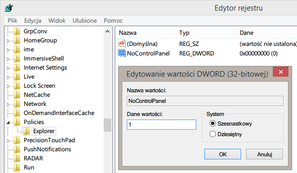 Ustawianie wartości dla wpisu NoControlPanel