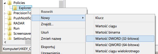 Tworzenie wartości DWORD (32-bit) w celu blokady Panelu sterowania