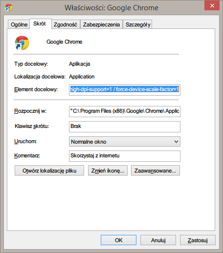 Właściwości skrótu Chrome