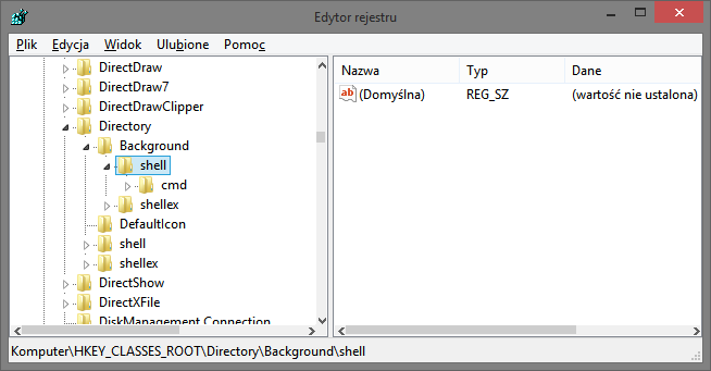 Klucz shell w oknie edytora rejestru