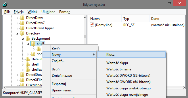 Tworzenie nowego klucza w folderze shell