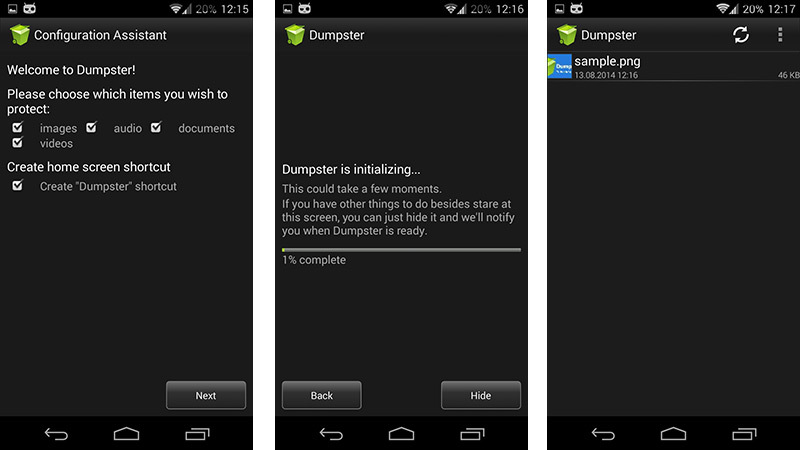 Pierwsze uruchomienie aplikacji Dumpster w Androidzie